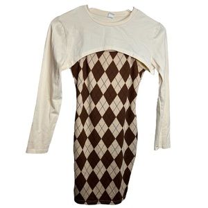 Shein Brown/Cream Quilted Dress W/Sweater Overlay